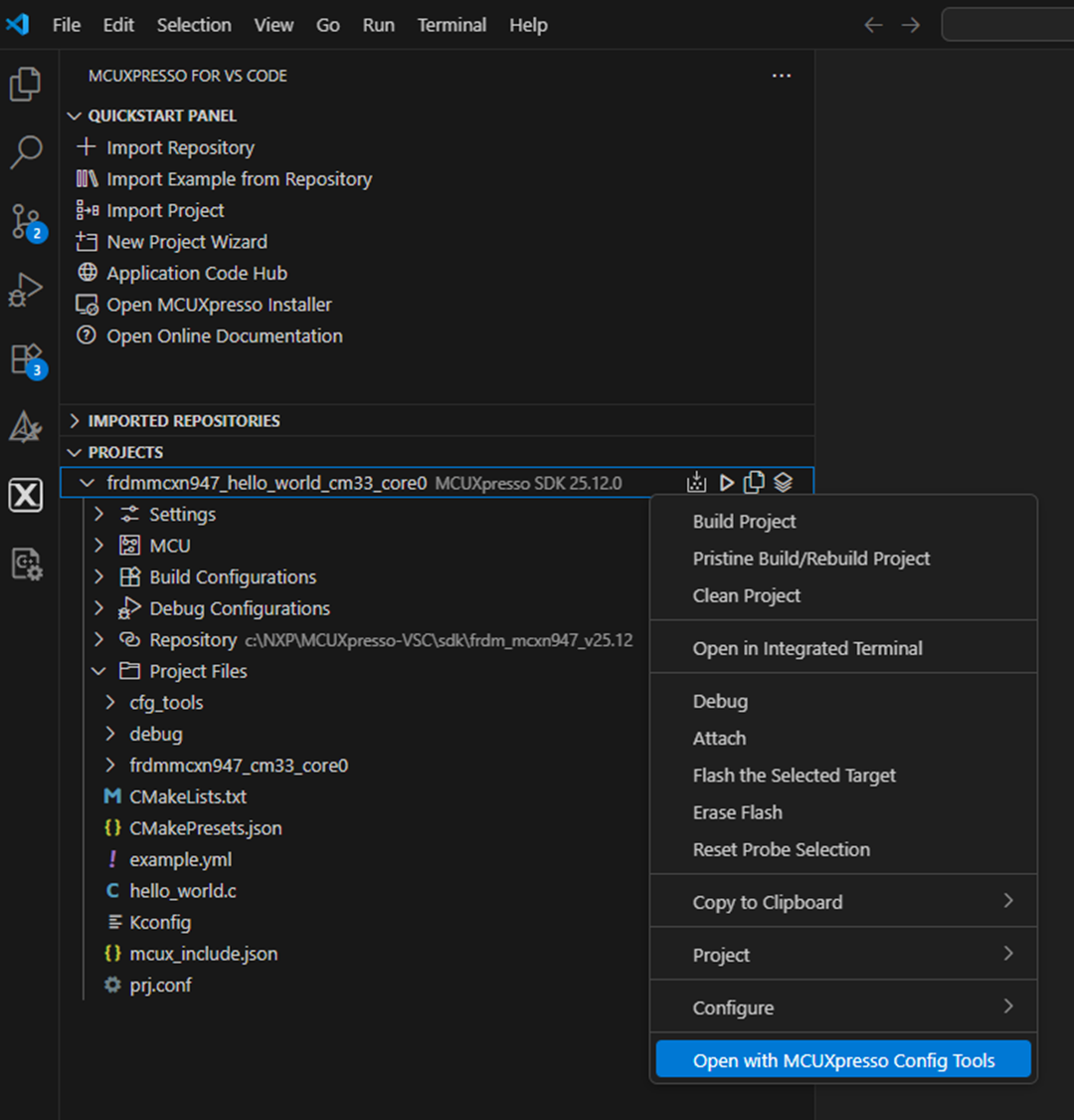 Open with MCUXpresso Config Tools